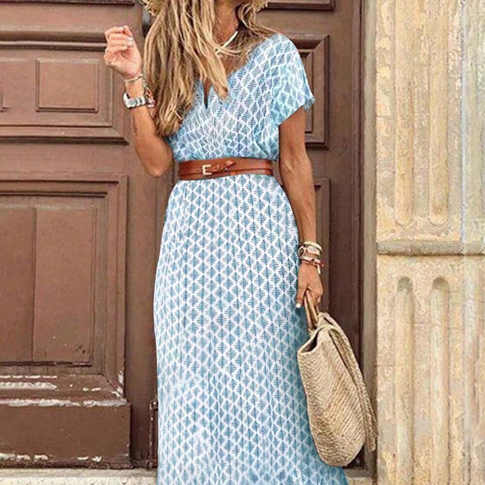 Blue Boho Women's Print Wrapped V-Neck Cross Batwing Sleeve Slit A-Line Dress - Picture 2 of 5